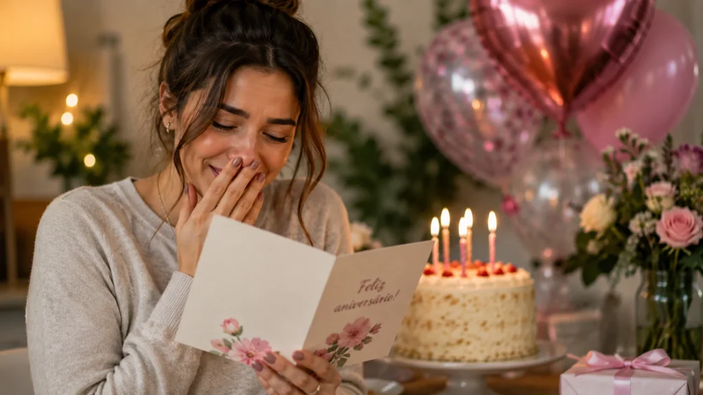 [Imagem: Pessoa lendo um cartão de aniversário com expressão emocionada e um bolo ao fundo.]