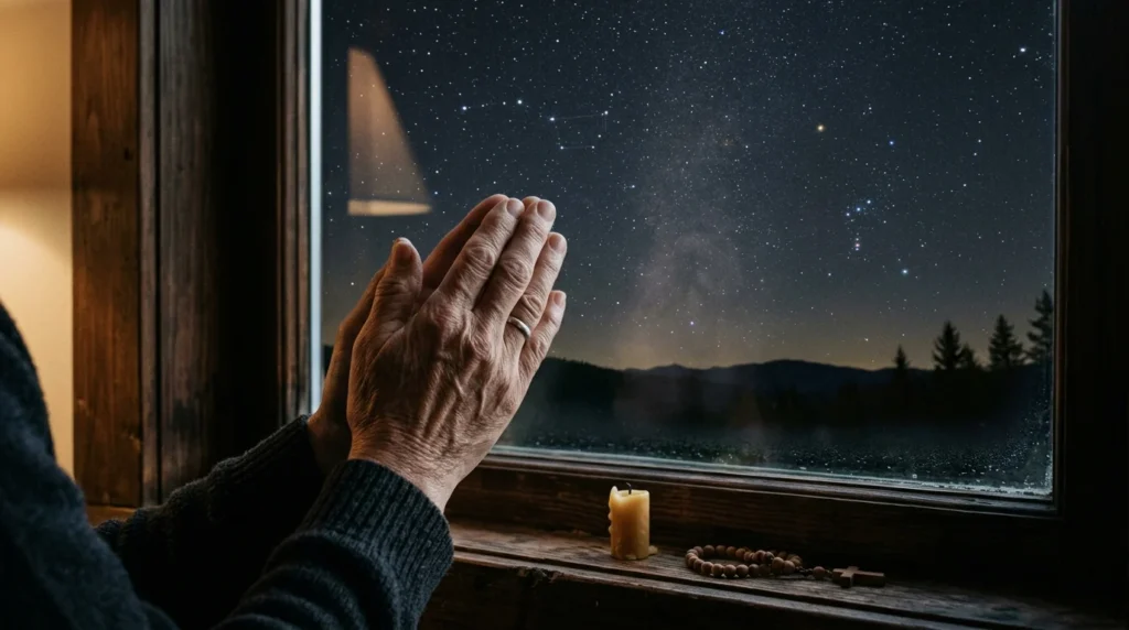 [Imagem: Mãos unidas em oração diante de uma janela com o céu estrelado.]