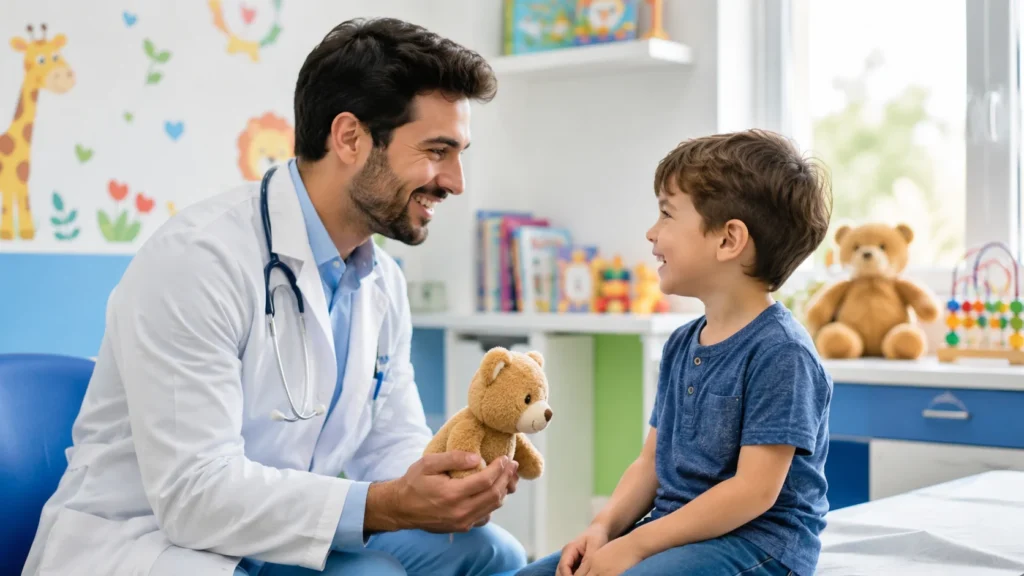 [Imagem: Pediatra sorrindo enquanto conversa e brinca com uma criança em um consultório colorido.]