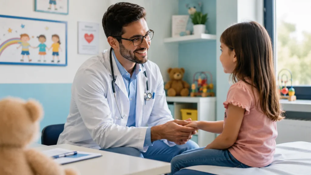 [Imagem: Médico segurando delicadamente a mão de uma criança durante uma consulta.]
