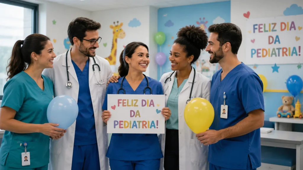 [Imagem: Equipe médica comemorando o Dia da Pediatria em ambiente hospitalar.]