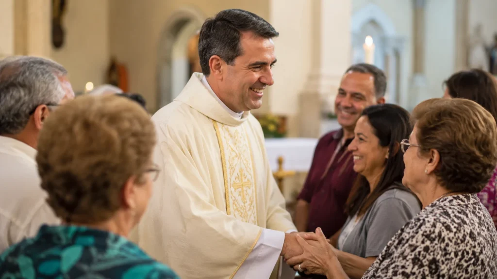 [Imagem: Padre sorrindo cumprimentando fiéis após uma celebração na igreja.]