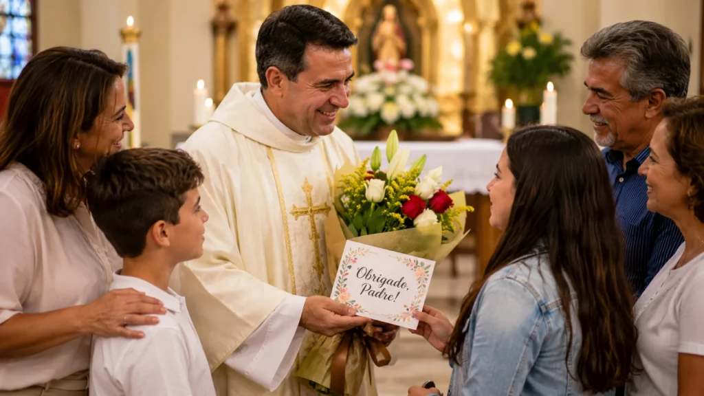 [Imagem: Fiéis entregando flores e um cartão de homenagem ao padre.]