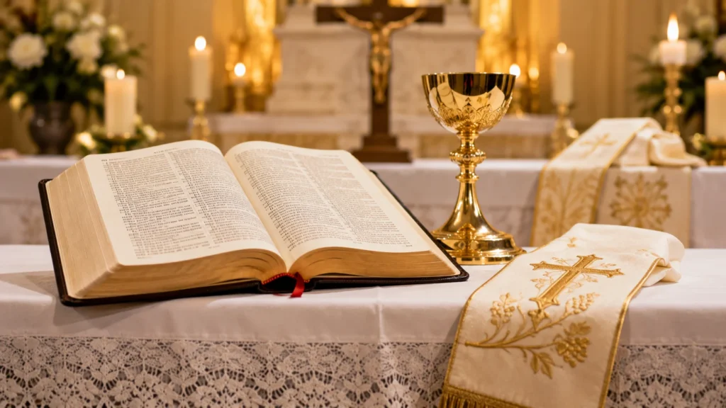 [Imagem: Bíblia aberta sobre o altar ao lado de um cálice e uma estola sacerdotal.]