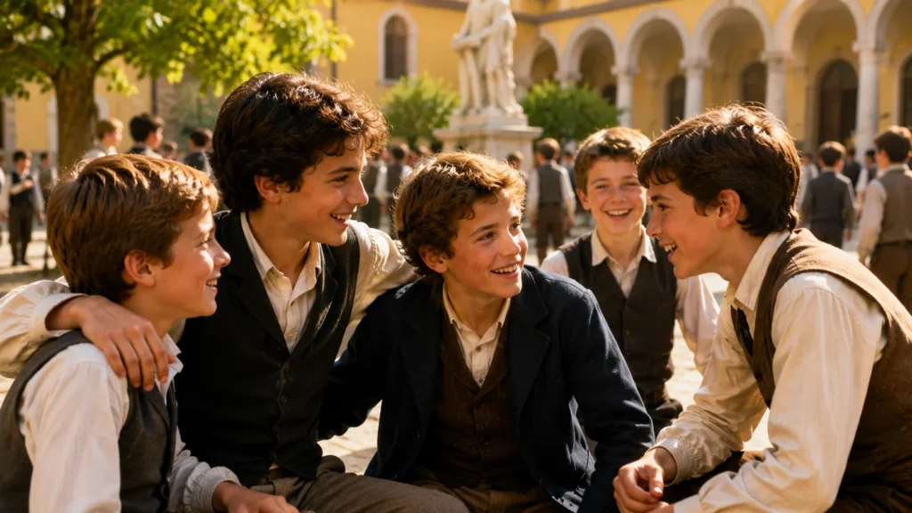 [Imagem: Crianças sorrindo em um pátio escolar representando amizade, solidariedade e alegria.]
