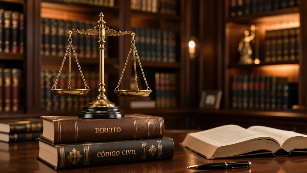 [Imagem: balança da justiça sobre livros jurídicos em uma biblioteca elegante]