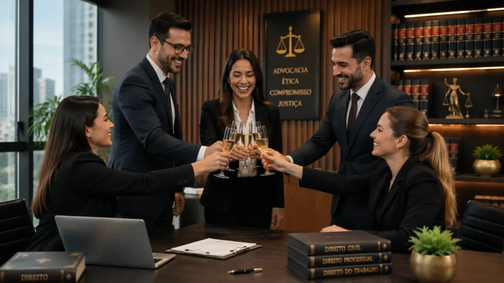 [Imagem: equipe de advogados reunida em uma sala de reuniões comemorando o Dia do Advogado]