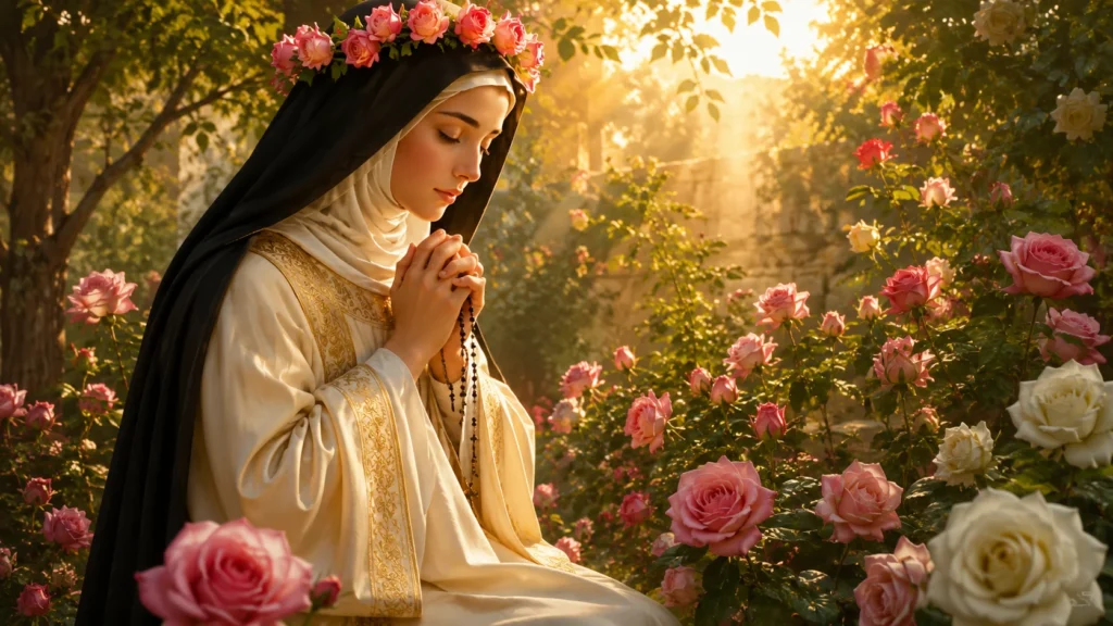 [Imagem: Ilustração de Santa Rosa de Lima em oração diante de um jardim de rosas, transmitindo paz e espiritualidade.]