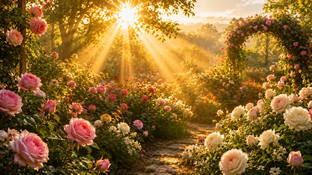 [Imagem: Raios de sol atravessando um jardim repleto de rosas simbolizando esperança.]