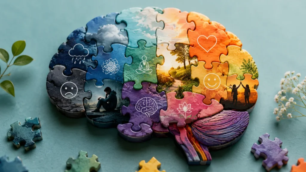 [Imagem: Cérebro formado por peças de quebra-cabeça representando emoções, equilíbrio e saúde mental.]