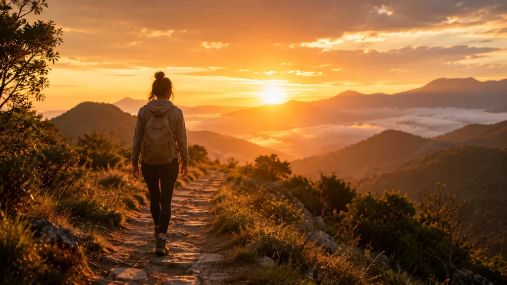 [Imagem: Pessoa caminhando por uma trilha ao nascer do sol simbolizando autoconhecimento.]
