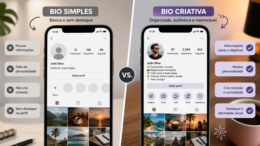 [Imagem: Comparação entre uma bio simples e outra criativa destacando organização, emojis moderados e personalidade.]