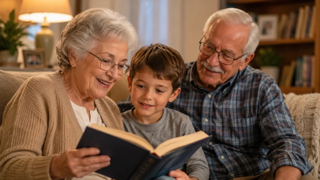 [Imagem: Avó lendo um livro para o neto enquanto o avô observa sorrindo.]