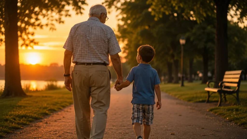 [Imagem: Avô caminhando de mãos dadas com o neto em um parque ao pôr do sol.]