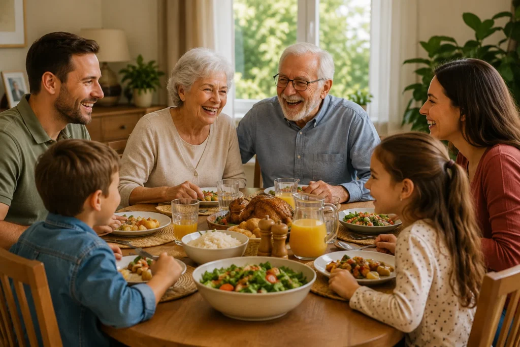 [Imagem: Família reunida em volta de uma mesa durante um almoço de domingo.]