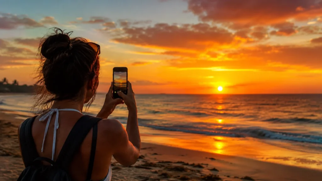 [Imagem: Pessoa observando um pôr do sol alaranjado em uma praia, segurando um celular para fotografar a paisagem.]
