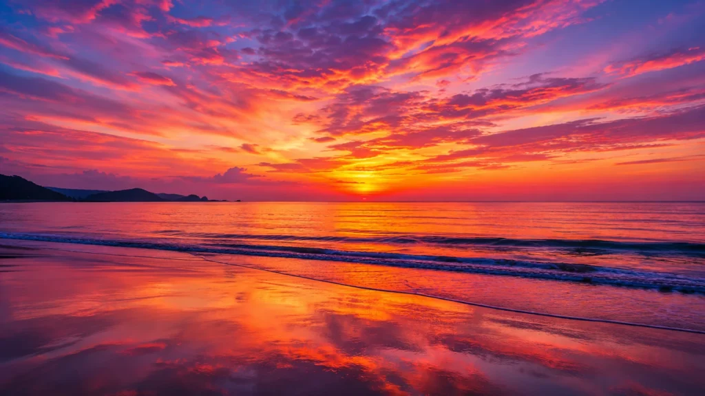 [Imagem: Céu colorido refletido no mar durante o entardecer.]