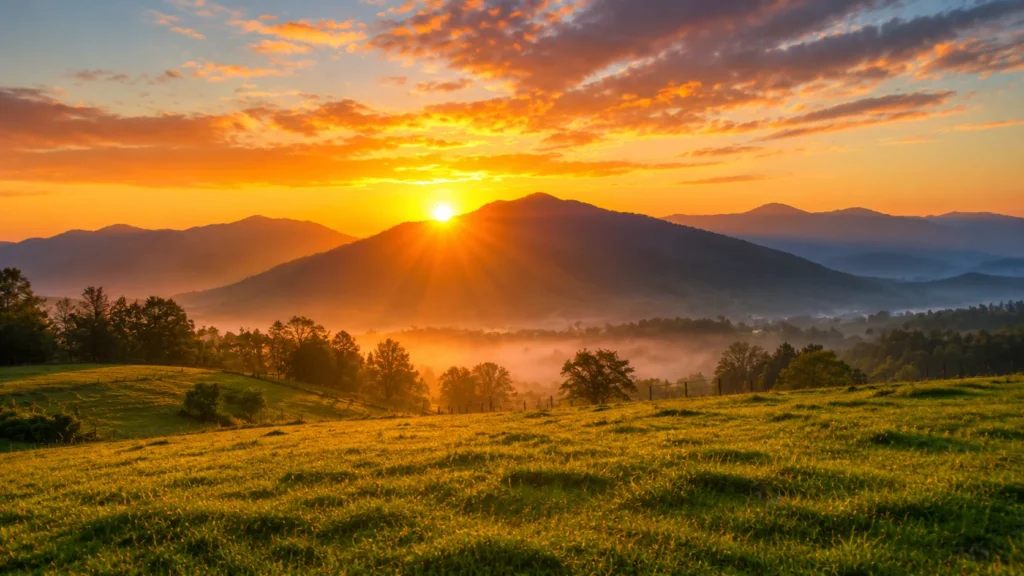 [Imagem: Sol nascendo atrás de montanhas iluminando um campo verde.]
