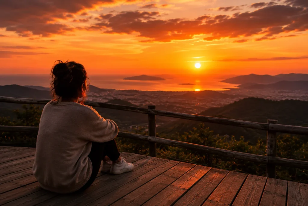 [Imagem: Pessoa sentada em um mirante observando o horizonte durante o pôr do sol.]