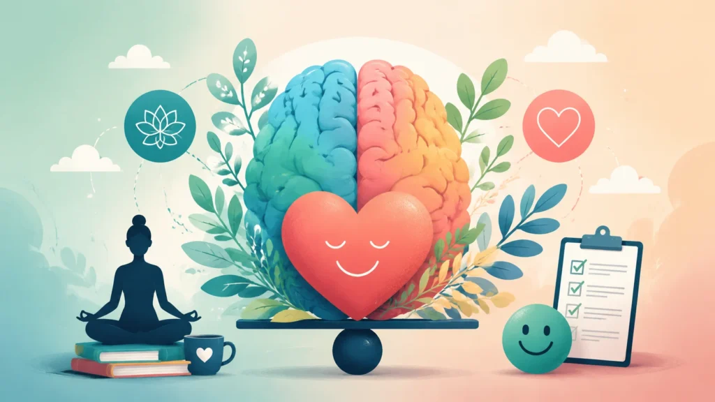 [Imagem: Ilustração representando saúde mental com cérebro, coração e elementos que simbolizam equilíbrio emocional.]