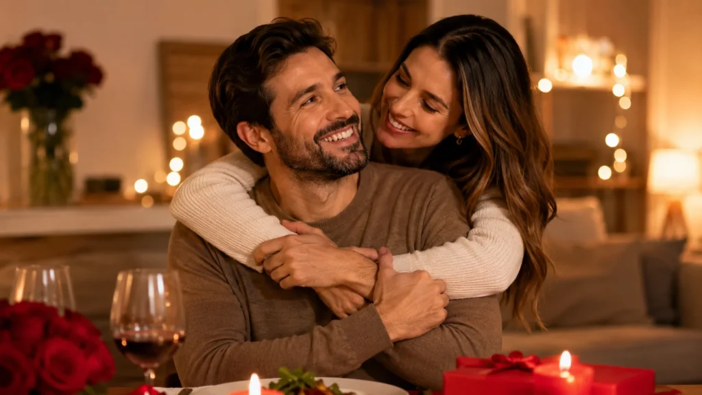 [Imagem: casal casado sorrindo e abraçado em casa durante uma comemoração romântica]