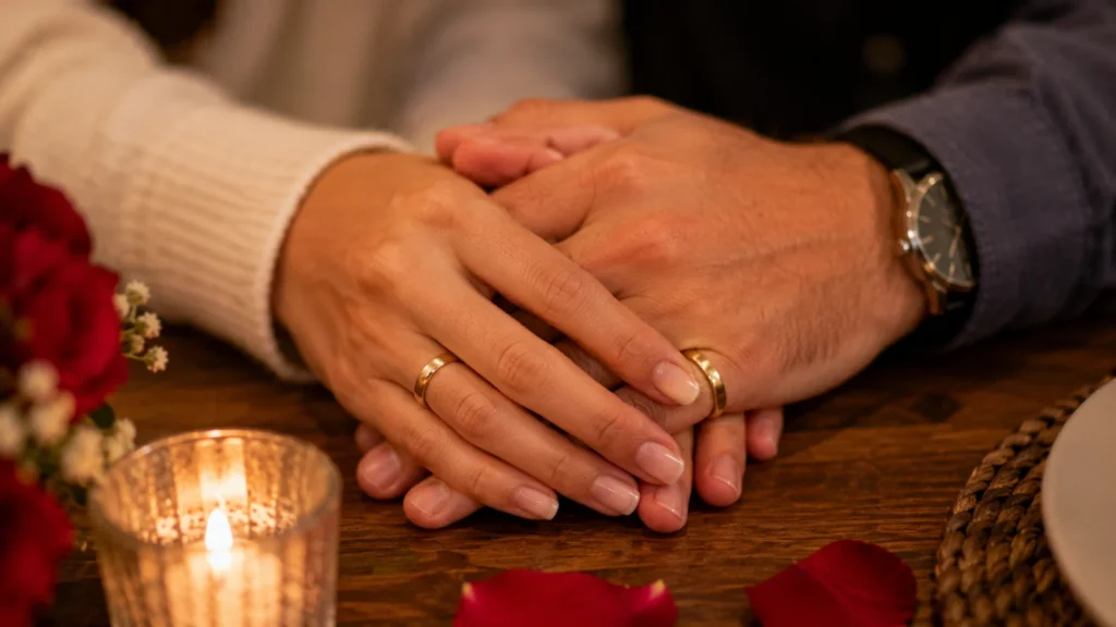 [Imagem: mãos de um casal casado entrelaçadas sobre uma mesa com alianças visíveis]