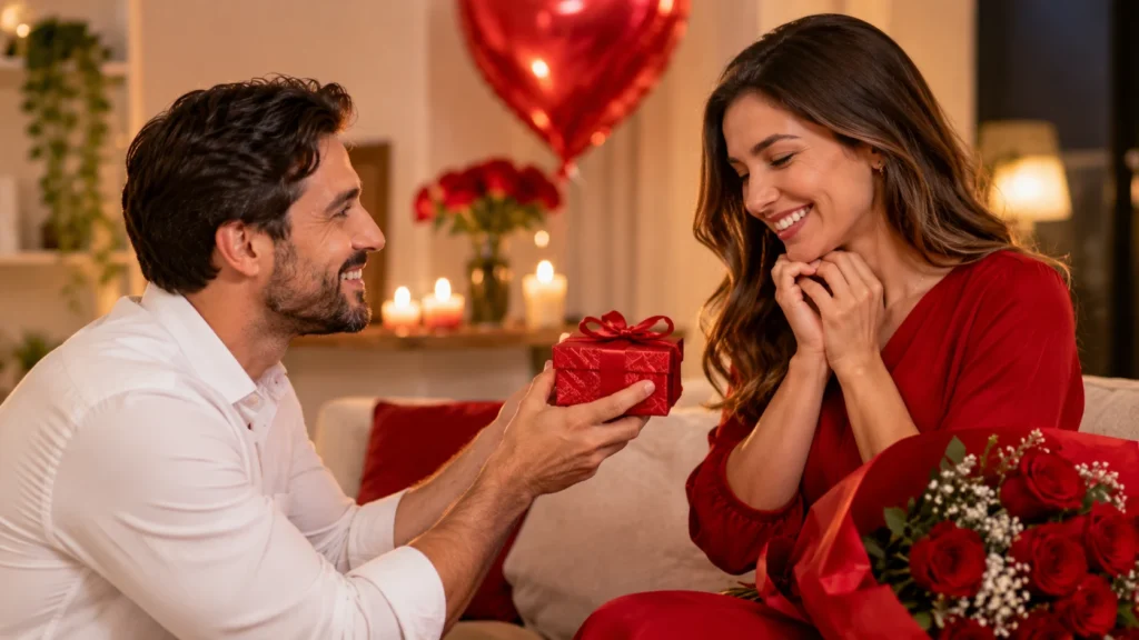 [Imagem: marido entregando uma pequena surpresa romântica para a esposa em casa]
