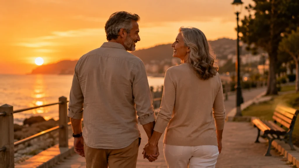 [Imagem: casal maduro caminhando de mãos dadas ao pôr do sol]