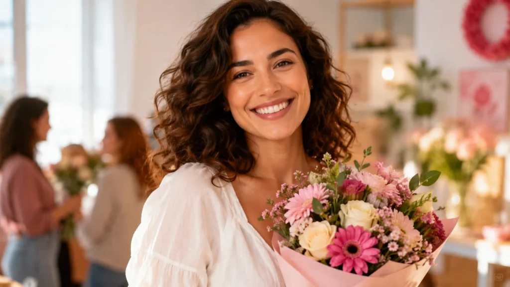 [Imagem: mulher sorrindo segurando flores em uma celebração delicada do Dia Internacional da Mulher]