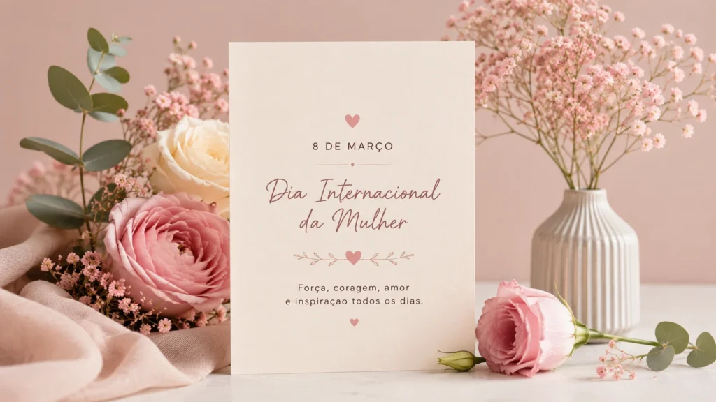 [Imagem: cartão minimalista com flores em tons suaves representando uma homenagem ao Dia Internacional da Mulher]
