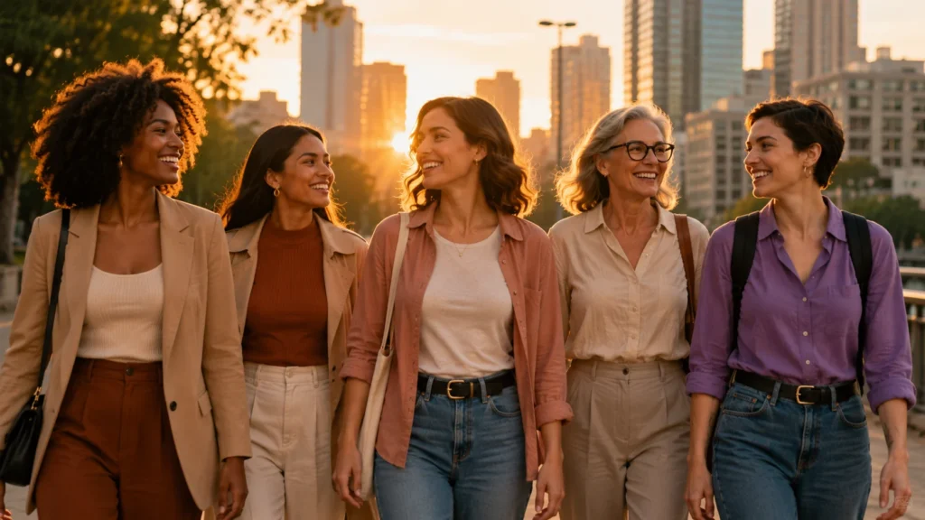 [Imagem: grupo diverso de mulheres caminhando juntas em ambiente urbano iluminado pela luz do amanhecer]