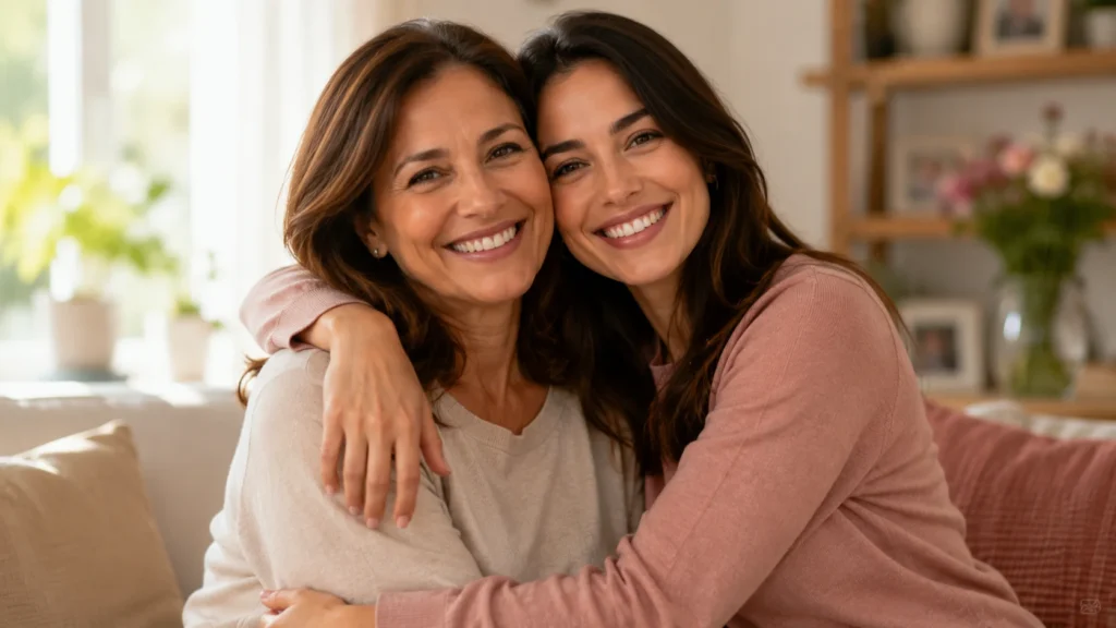 [Imagem: mãe e filha adultas abraçadas e sorrindo em ambiente familiar com iluminação natural]