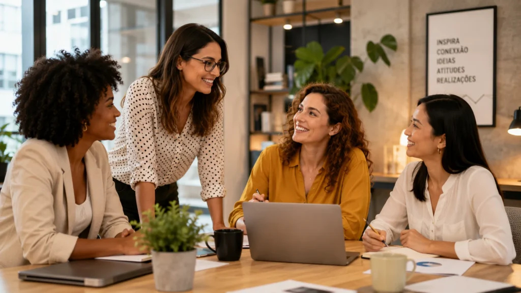 [Imagem: equipe profissional formada por mulheres diversas conversando em um escritório moderno e acolhedor]