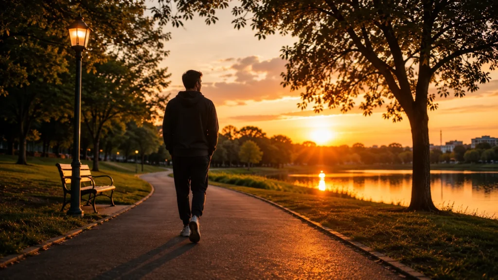 [Imagem: Pessoa caminhando em um parque durante o pôr do sol, transmitindo reflexão e tranquilidade.]
