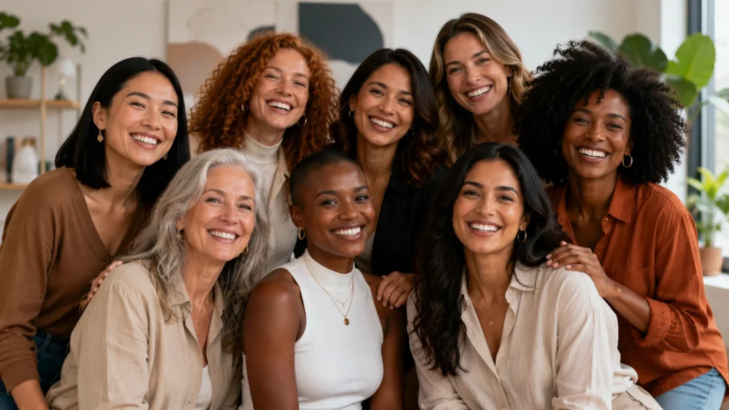 [Imagem: mulheres de diferentes idades e estilos reunidas em cenário contemporâneo representando diversidade e união]