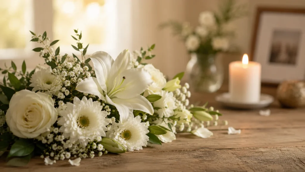 [Imagem: flores brancas sobre uma mesa com uma vela acesa ao fundo]
