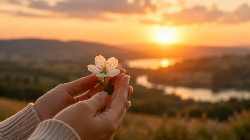 [Imagem: mãos segurando uma pequena flor branca diante de uma paisagem iluminada pelo pôr do sol]