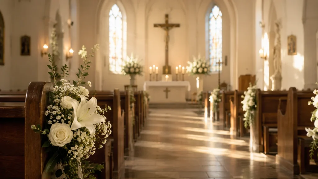 [Imagem: interior sereno de uma igreja com bancos vazios, luz suave e flores brancas]