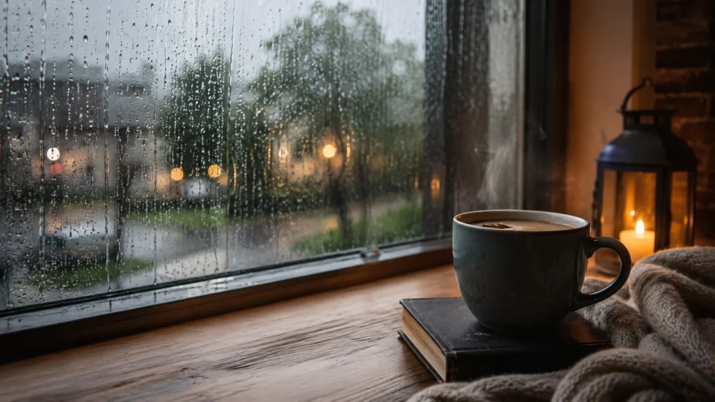 [Imagem: janela com gotas de chuva, uma xícara de café e um ambiente aconchegante ao fundo]
