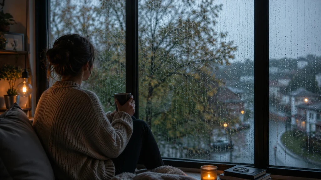 [Imagem: pessoa observando calmamente a chuva através de uma grande janela]