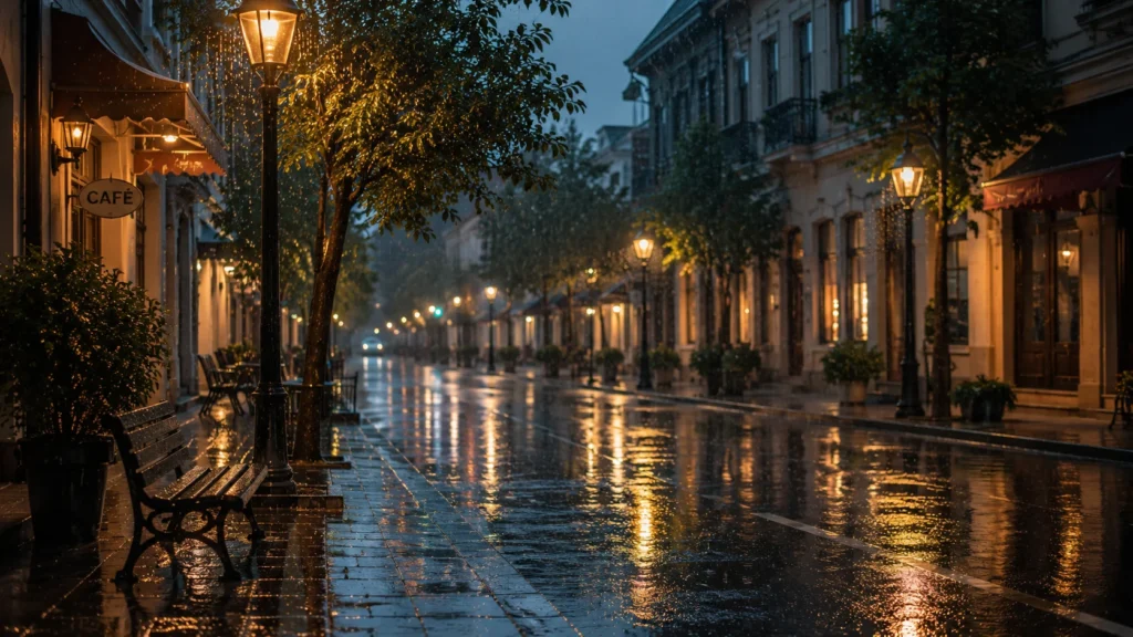 [Imagem: rua tranquila durante uma chuva leve com reflexos das luzes no asfalto molhado]