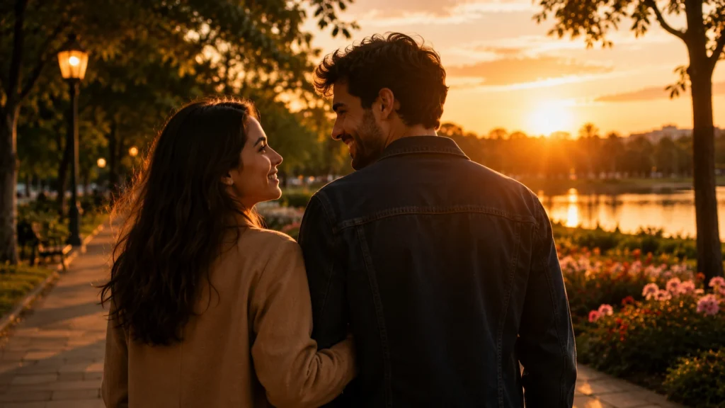 [Imagem: Casal sorrindo durante um passeio ao pôr do sol em um parque.]