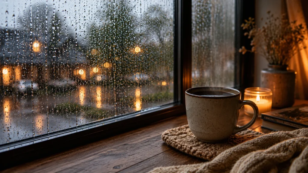 [Imagem: xícara de café próxima a uma janela molhada pela chuva, com iluminação suave e atmosfera acolhedora]