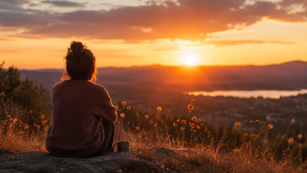 [Imagem: pessoa observando o pôr do sol com cenário tranquilo e atmosfera de gratidão]