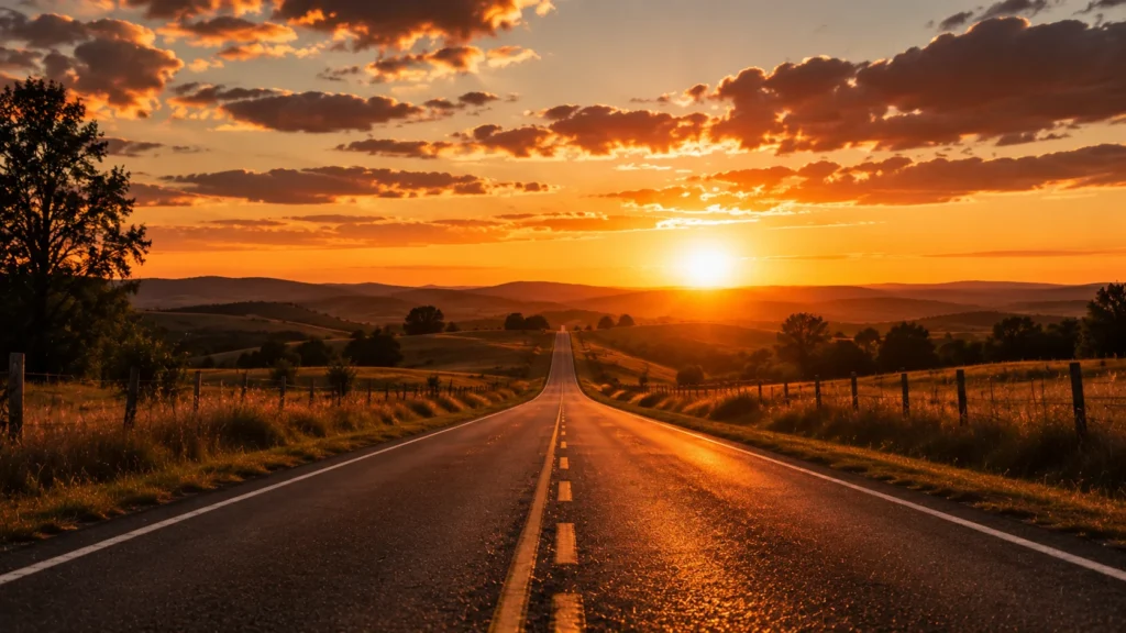 [Imagem: estrada seguindo em direção ao horizonte durante o pôr do sol, simbolizando encerramento de ciclos]