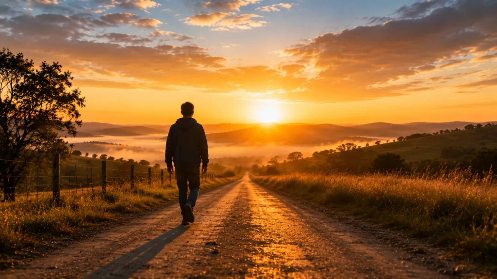 [Imagem: pessoa caminhando em direção ao nascer do sol, representando esperança e motivação para um novo ciclo]