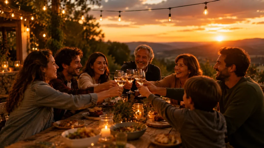 [Imagem: amigos e familiares reunidos ao entardecer celebrando juntos de maneira acolhedora]