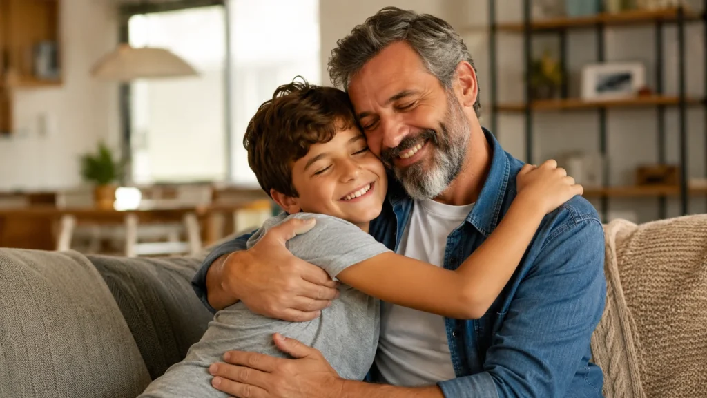 [Imagem: pai e filho abraçados durante um momento feliz em família]