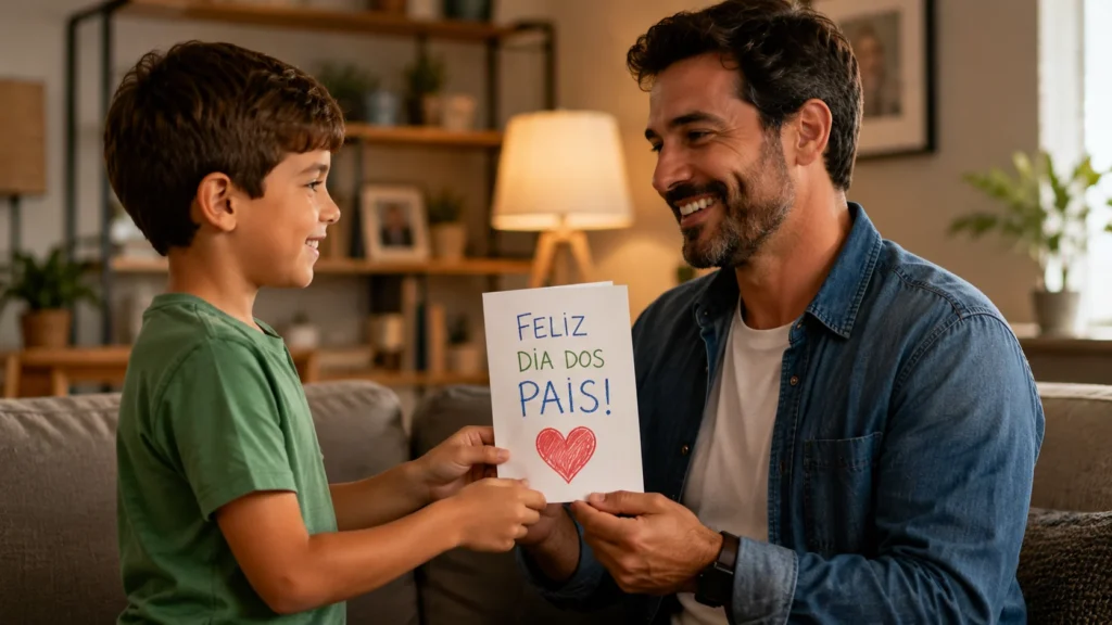 [Imagem: pai recebendo de seu filho um cartão de Dia dos Pais em um ambiente familiar]