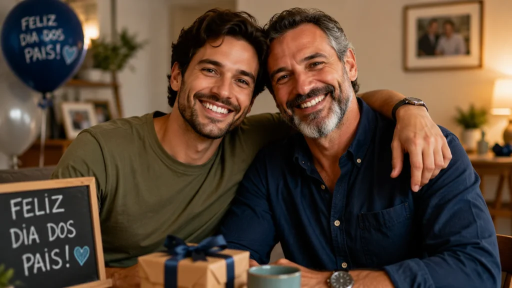 [Imagem: pai e filho adultos sorrindo juntos durante uma comemoração de Dia dos Pais]